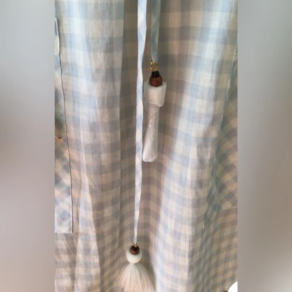 Tory Burch Light Blue & White Gingham Long Sleeve Drawstring Dress